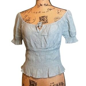 Luca + Grae Womens Off The Shoulder Crinkle Smocked Peplum Blouse Blue Medium